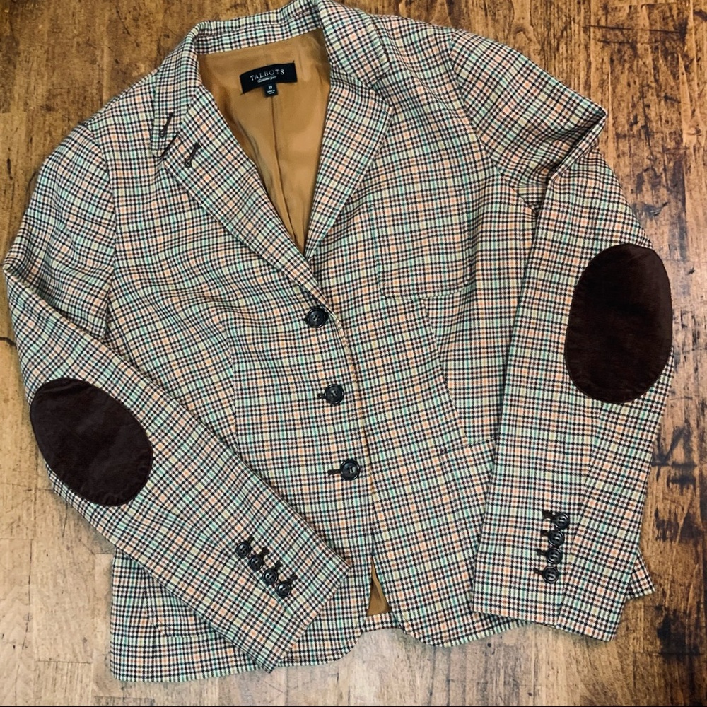 {Talbots} Plaid Blazer | Elbow Patches | Tortoise Buttons | Wool Blend | Size 10